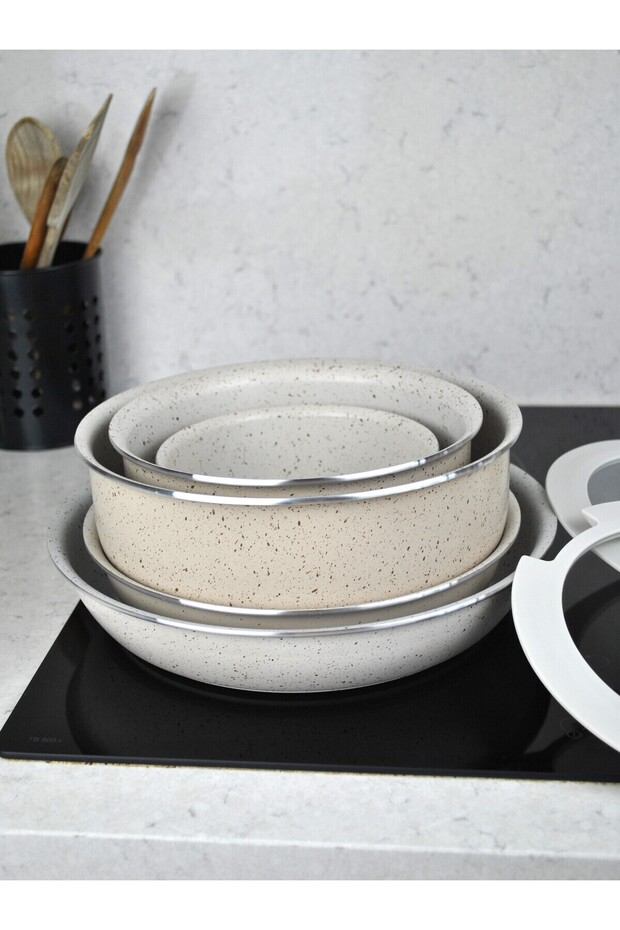 9 Piece Granite Coated Pot and Pan Set with Plug and Remove Handle Nested Cooking Storage Beige - 7