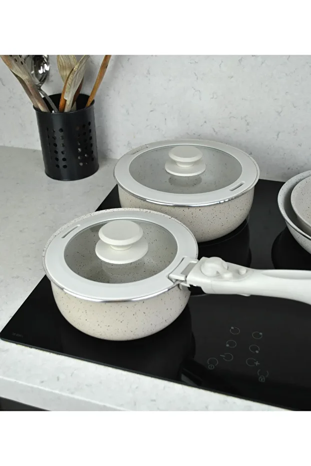 9 Piece Granite Coated Pot and Pan Set with Plug and Remove Handle Nested Cooking Storage Beige - 4