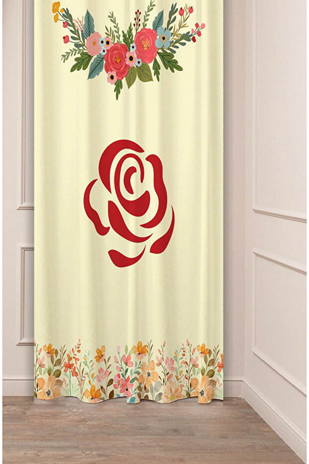 Bohemian Flowers Rose Leaf Beige Patterned Special Design Digital Printed (Single Wing) Modern Stylish Background Curtain