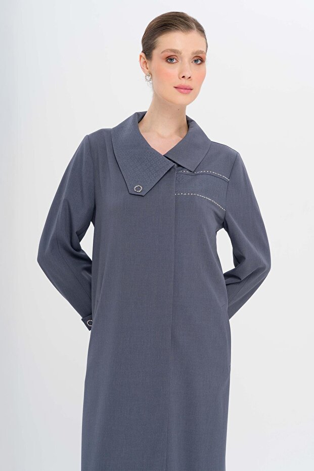 Handkerchief Collar Pattern and Stone Detailed Unlined Large Size Top Coat Indigo 6714 - 2