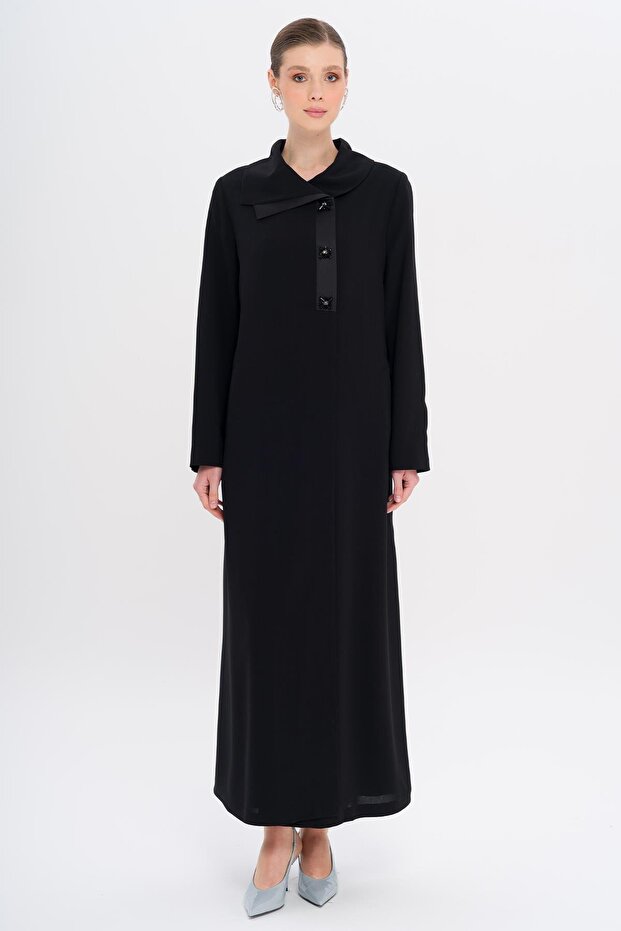 Satin Garnished Buttons Lined with Stones Large Size Top Coat Black 6719