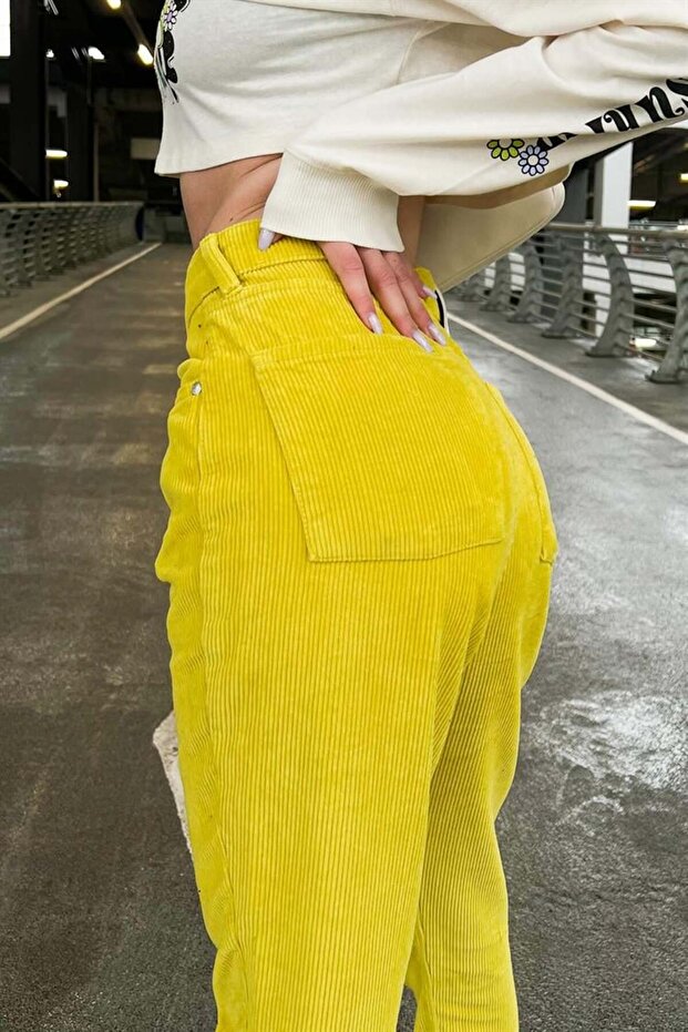 Basic Sarı Kadife Pantolon - 5