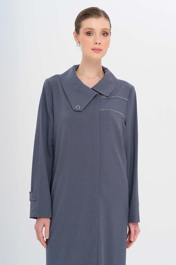 Handkerchief Collar Pattern and Stone Detailed Unlined Large Size Top Coat Indigo 6714 - 6