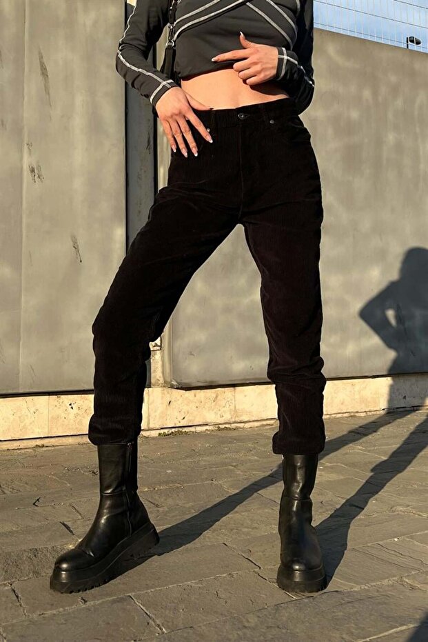 Basic Siyah Kadife Pantolon - 2