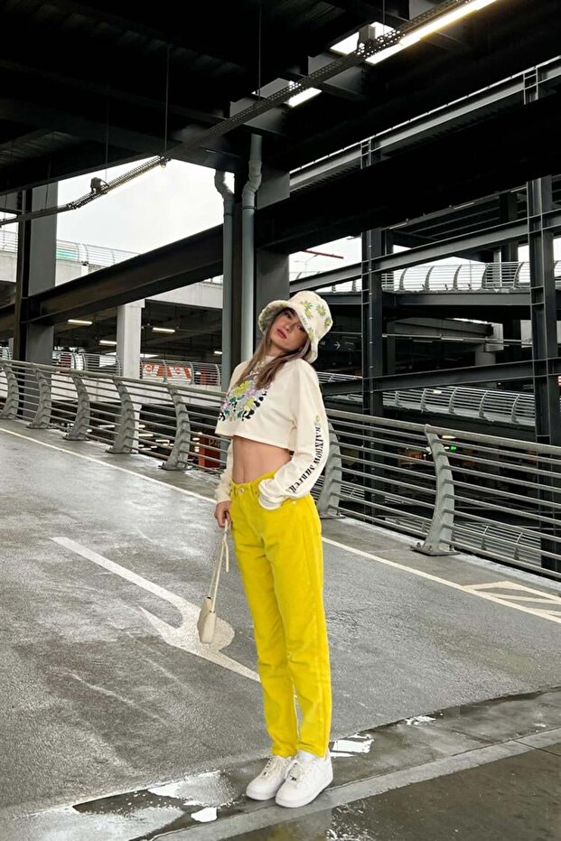 Basic Sarı Kadife Pantolon - 7