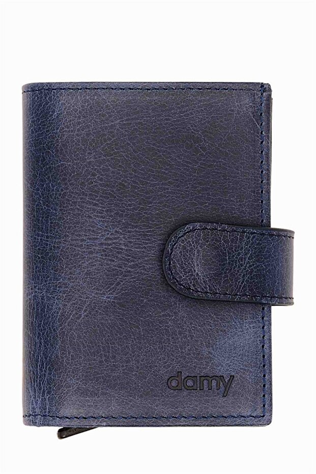 Genuine Leather Mechanism Card Holder 615Cr - Navy Blue