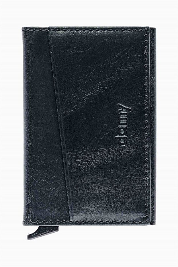 Genuine Leather Unisex Mechanism Card Holder 611Cr - Black