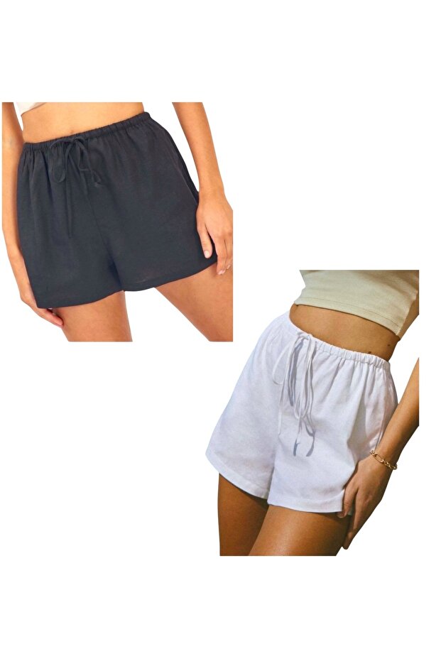 Relax Fit Pocketless Women's Shorts 2 Pieces Cotton Linen (Black-White)