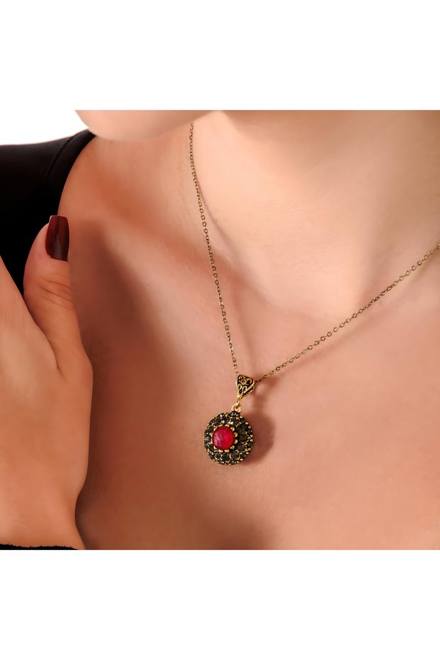 Royal Frame Red Copper Handmade Women's Necklace with Crystal Stone, Not with a Box