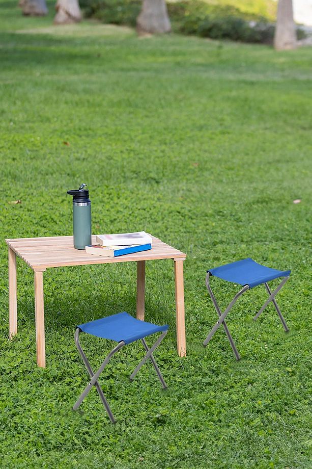 2 Adet Tabure ve 60 x 60 cm Katlanır Ahşap Kamp Masası seti-Piknik bahçe balkon seti - 4