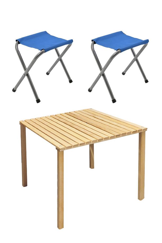 2 Adet Tabure ve 60 x 60 cm Katlanır Ahşap Kamp Masası seti-Piknik bahçe balkon seti - 1