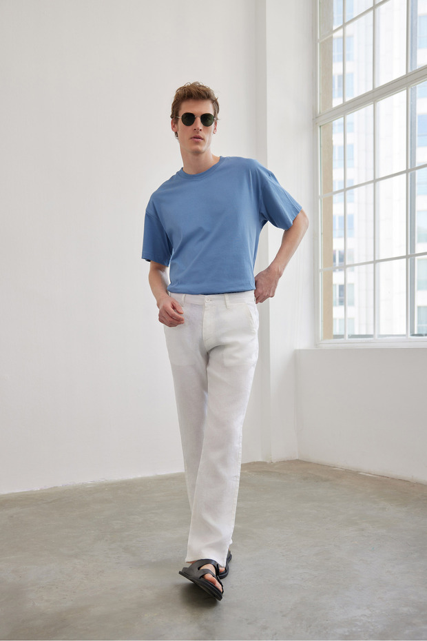 Regular Fit White 100% Linen Trousers