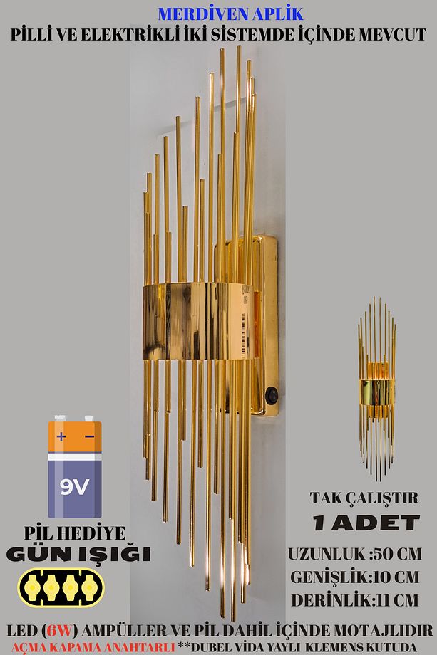 Merdiven Aplik Gold, Duvar Aplik, Pilli Aplik, Led Ampüllü Duvar Aplik, Lamba, Otel ,ofis Aplik - 7