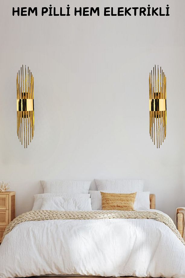 Merdiven Aplik Gold, Duvar Aplik, Pilli Aplik, Led Ampüllü Duvar Aplik, Lamba, Otel ,ofis Aplik - 6