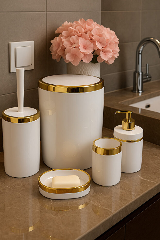 MAKRİ HOME Banyo Seti 5'li,Akrilik-ÇöpKovası,WC Fırçalık,Sıvı Sabunluk,Diş Fırçalık,El Sabunluk,Gold Renk Detay