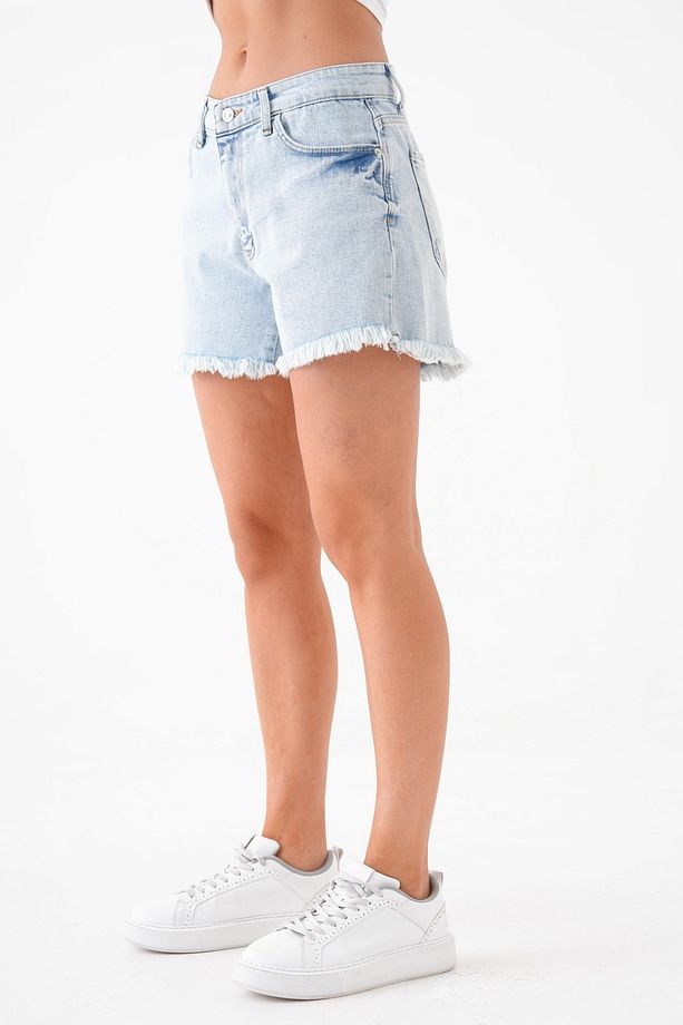 Kadın Püsküllü Paça Tasarım Yüksek Bel Açık Mavi Kot Şort Jeans Şort 70370 - 7
