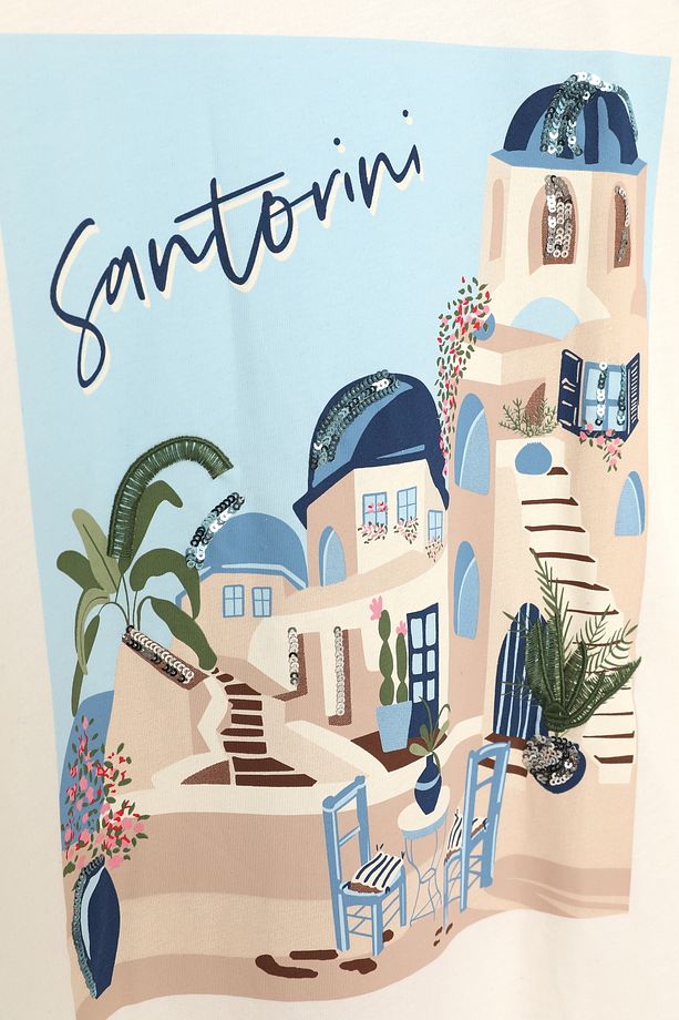 Santorini Baskılı Kısa Kol Tişört Ekru - 3