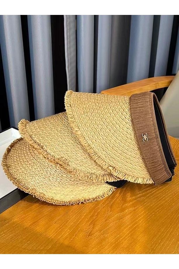14634 Üstü Açık Camel Şeritli Camel Hasır Vizör Şapka - 5