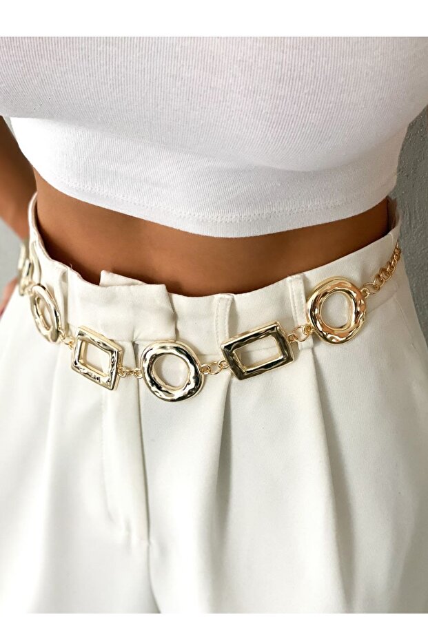 Women's Ring and Square Buckle Design Gold Chain Belt 7300
