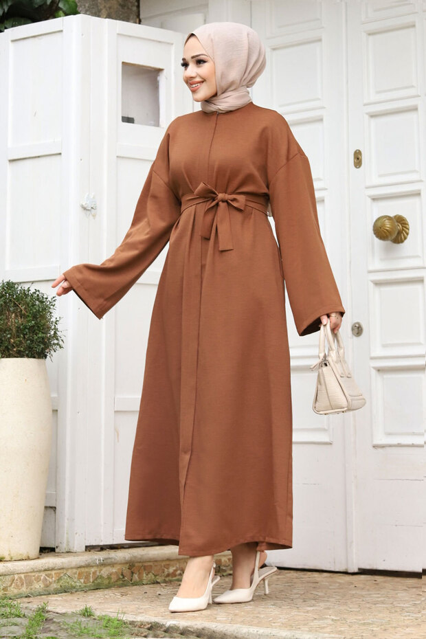 Bat Sleeve Waist Belted Ferace TSD240204 Brown