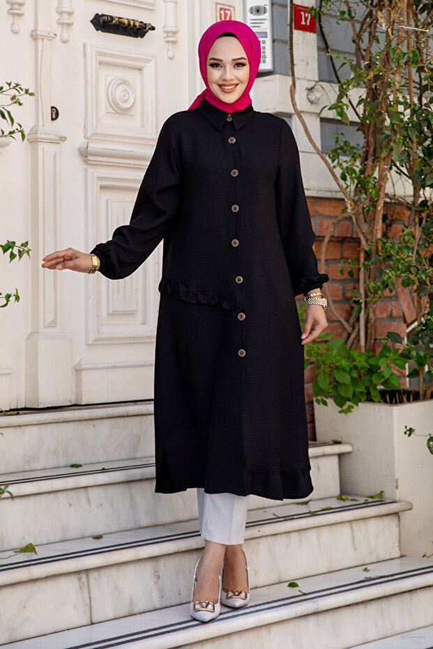 Buttoned Linen Tunic with Ruffle Side Detail Tsd240506 Black