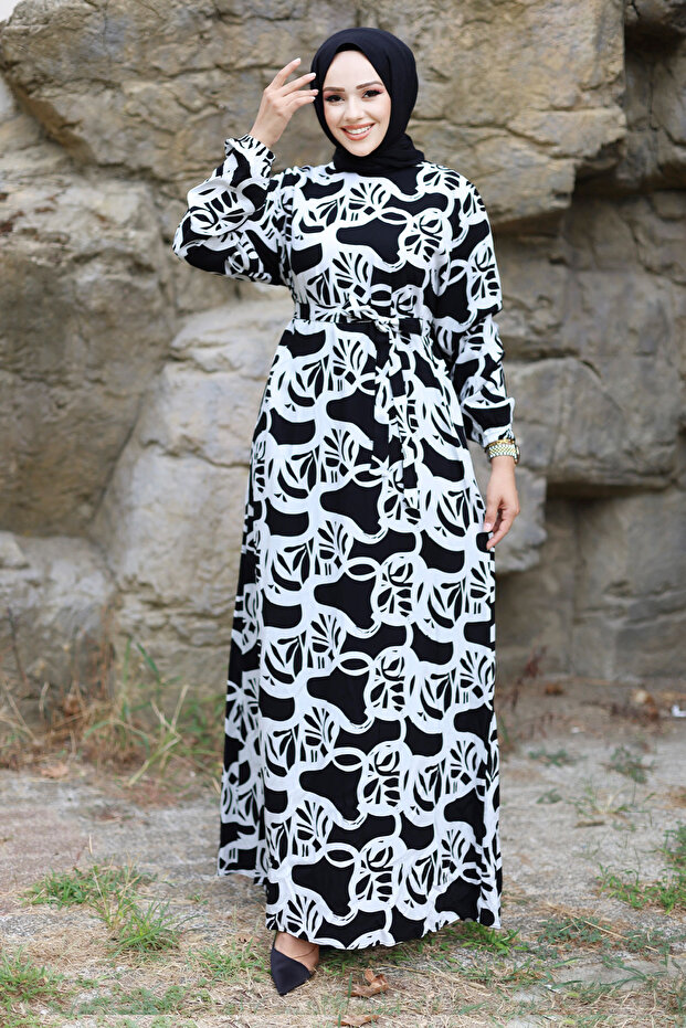 Block Patterned Viscose Long Hijab Dress with Belt on the Waist Tsd240922 White