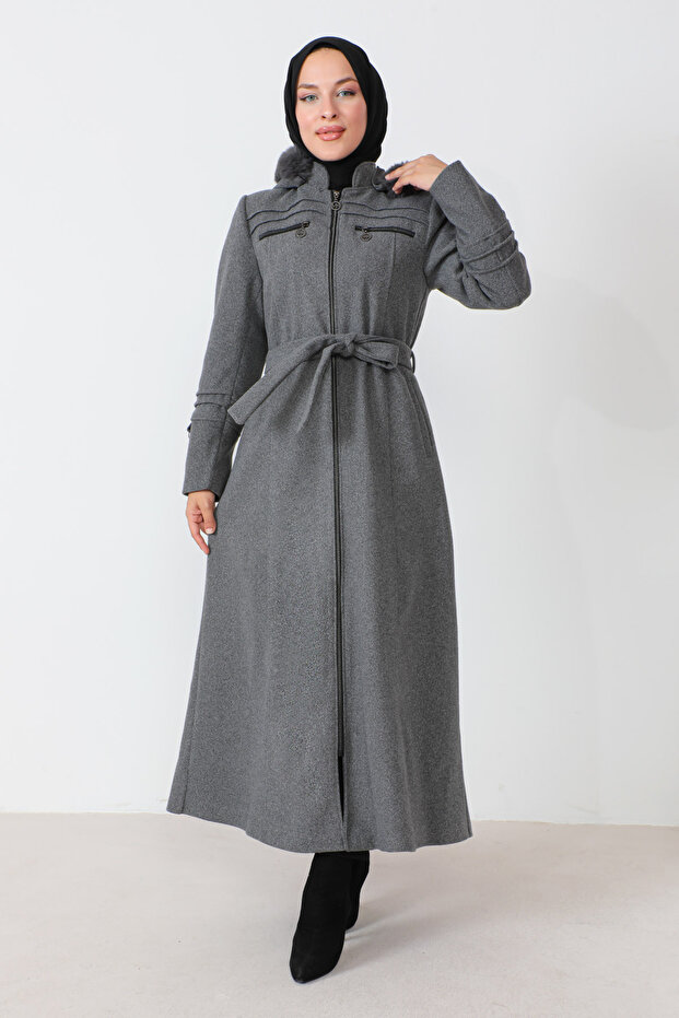 Zippered Full Length Coat with Ornamental Pockets TSD230810 Gray