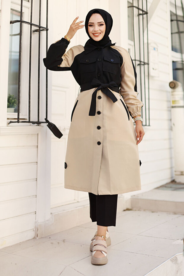 Double Color Trench Coat with Elasticated Sleeves Tsd240812 Beige