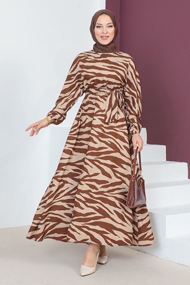 Zebra Patterned Long Hijab Dress Tsd230624 Brown