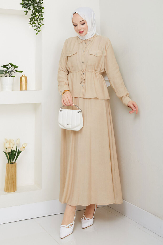 Elastic Waist Skirt Suit Tsd250164 Beige
