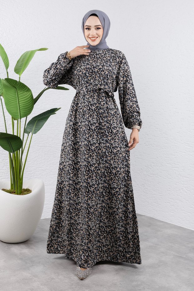Colorful Floral Viscose Long Hijab Dress Tsd240920 Black
