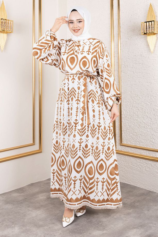 Damla Desenli Viskon Elbise TSD250140 Camel - 4