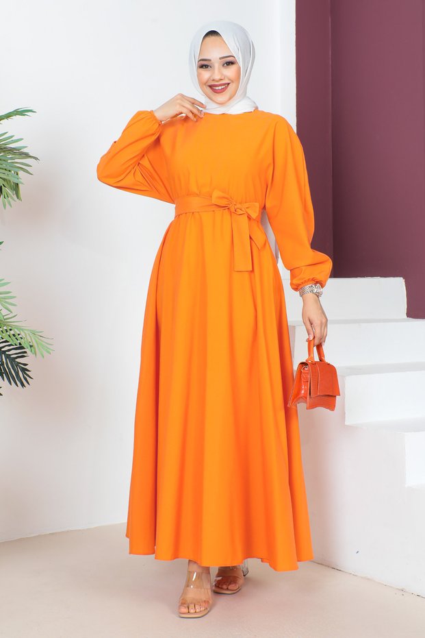 Long Hijab Dress with Belt on the Waist Tsd230611 Orange