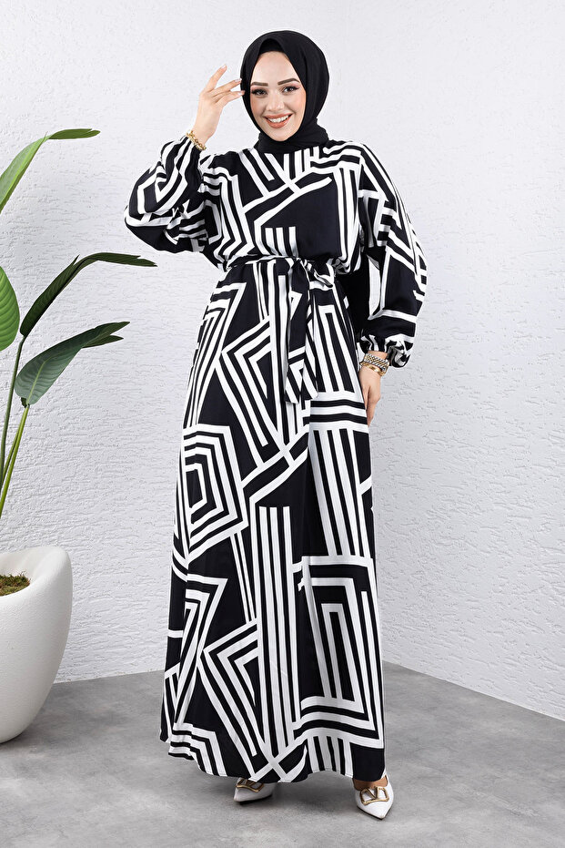 Stripe Patterned Viscose Long Hijab Dress Tsd240943 White