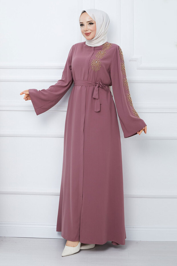 Handle Bead Embroidered Belted Hijab Ferace TSD240203 Dried Rose