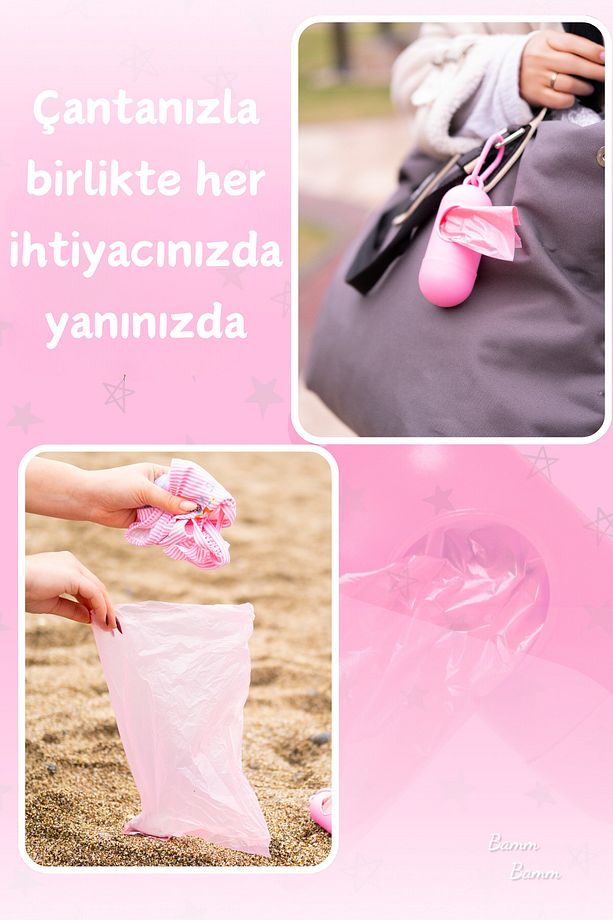 Kirli Bebek Bezi Çöp Poşeti Çanta Boy Pembe Taşıma Çantası Ve 2 Rulo (30 POŞET) - 7