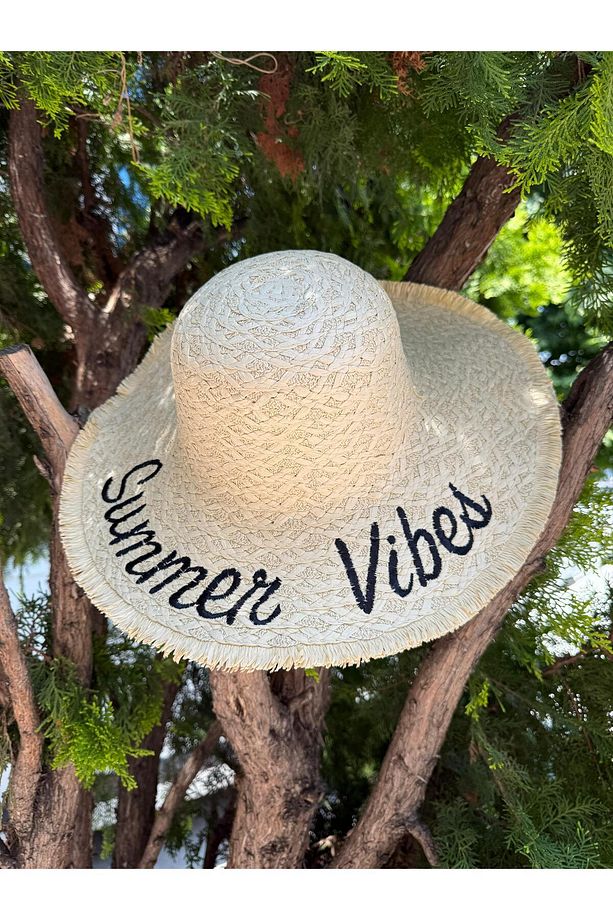 14726 Summer Vibes Nakışlı Bej Geniş Hasır Şapka - 2