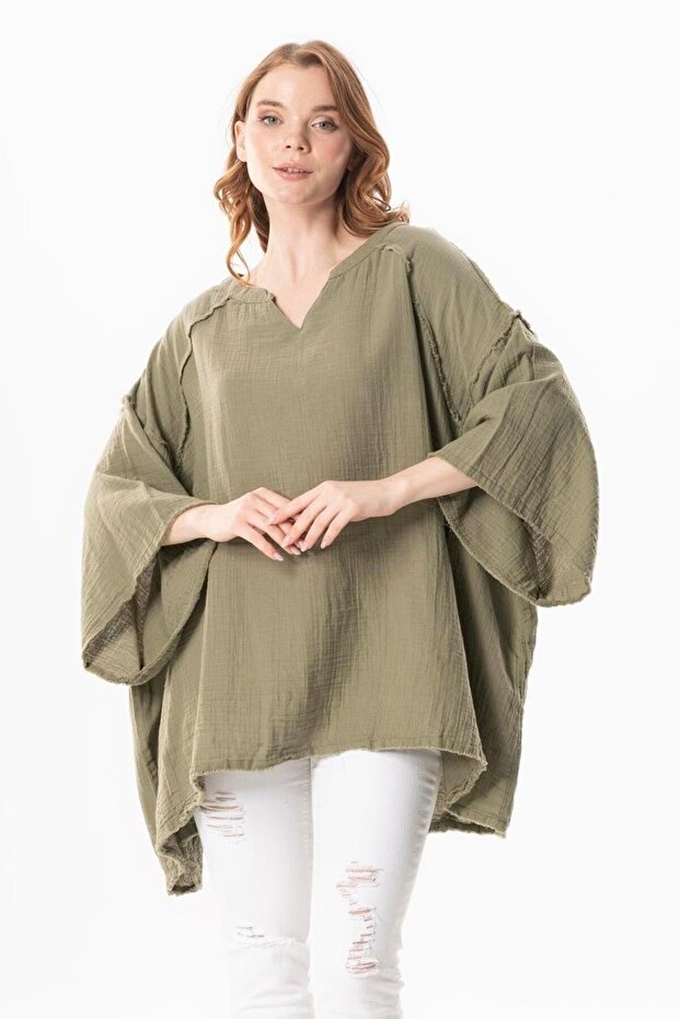 Half Sleeve Nadya V-Neck Muslin Summer Blouse Khaki Hk