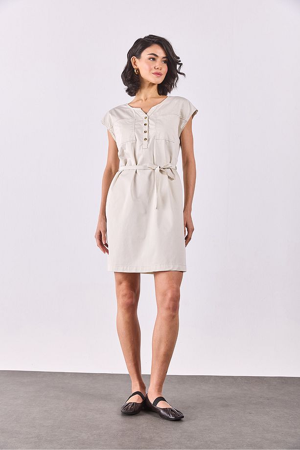 Riva Önü Düğmeli Regular Fit Gabardin Elbise - KEMİK - 1