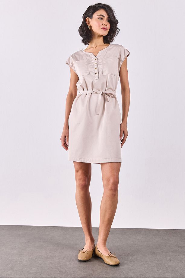 Riva Önü Düğmeli Regular Fit Gabardin Elbise - TAŞ - 6
