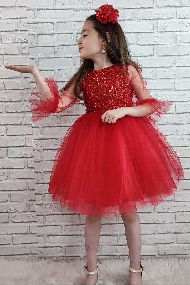 Sequined Tulle Girl's Dress Red