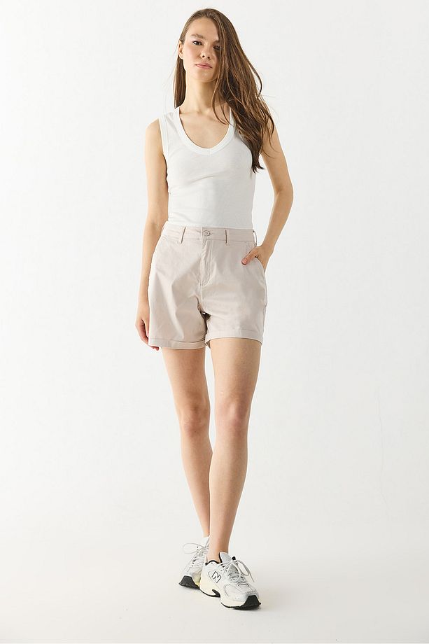 Helen Yüksek Bel Gabardin Bermuda Şort - TAŞ - 2