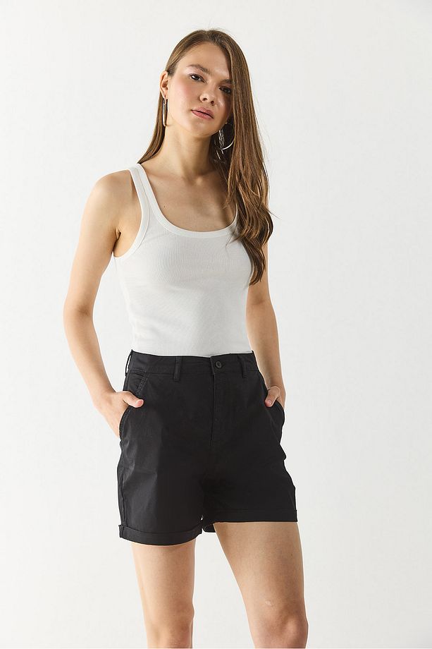 Helen Yüksek Bel Gabardin Bermuda Şort - SİYAH - 7