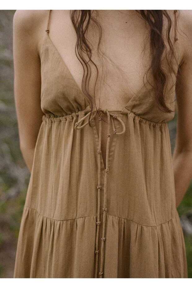 V Yakalı Pamuklu Elbise - 5