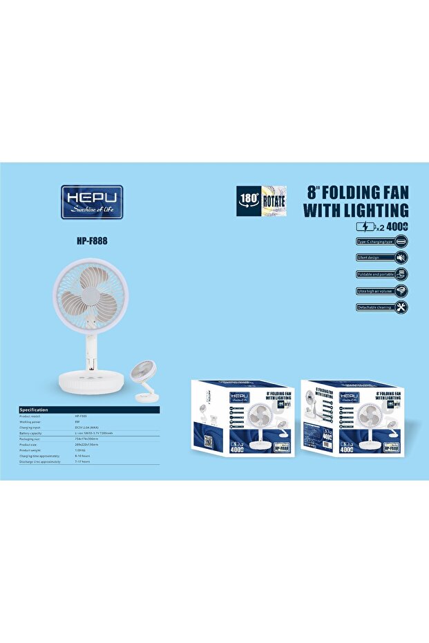 HP-F888 Katlanabilir Taşınabilir Fan 20 Cm Çap | 4000 mAh | Type-C Şarj | 180° Döner Başlık - 4