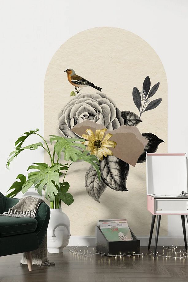 Çiçekler ve İspinoz Kuşu Boho Kemer Arch Retro Duvar Sticker - 3