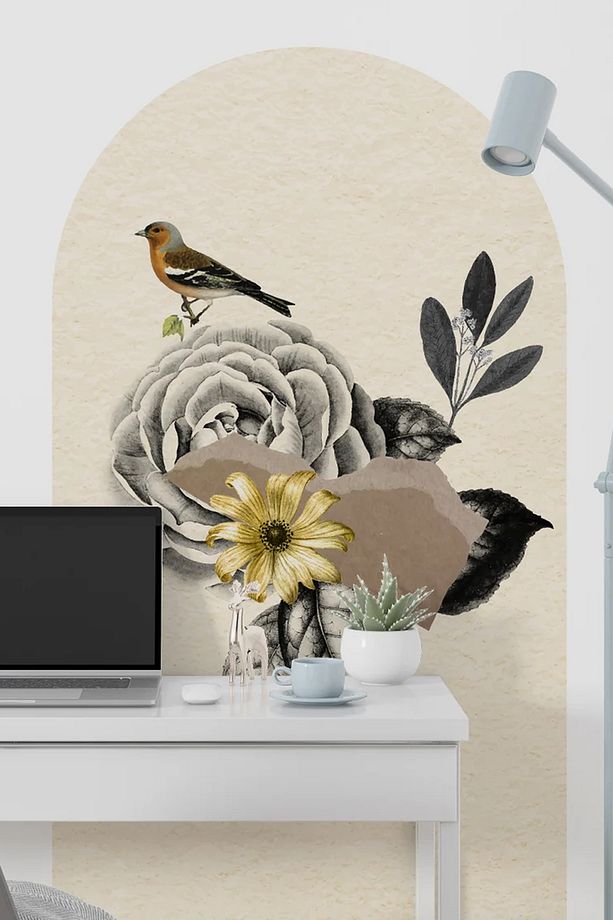 Çiçekler ve İspinoz Kuşu Boho Kemer Arch Retro Duvar Sticker - 5