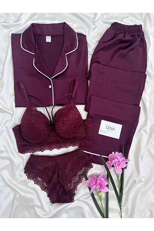 Women's Satin Buttoned Moment 4-Piece Pajama Set Dowry