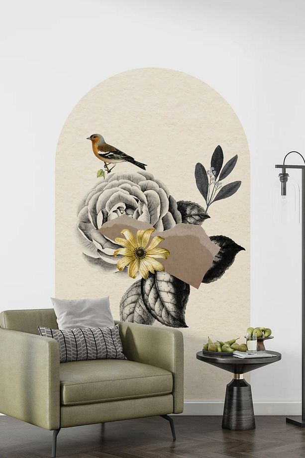 Çiçekler ve İspinoz Kuşu Boho Kemer Arch Retro Duvar Sticker - 1