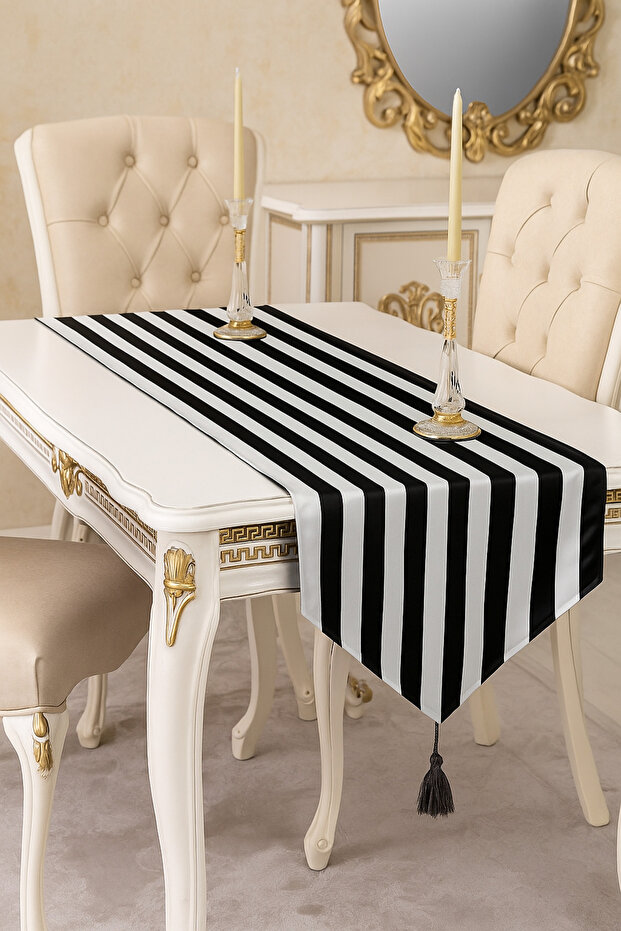 Black and White Striped Tasseled Runner 45X140 Stain Resistant